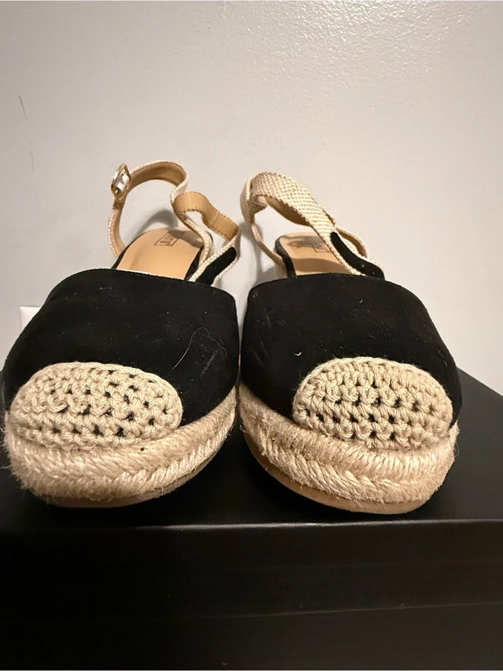 IDIFU Black and Beige Espadrille Wedge Sandals with Ankle Strap